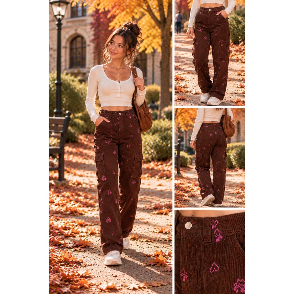 PacSun Cargo Pants XS Corduroy Pink Heart Flame Embroidered Y2K Streetwear #1678